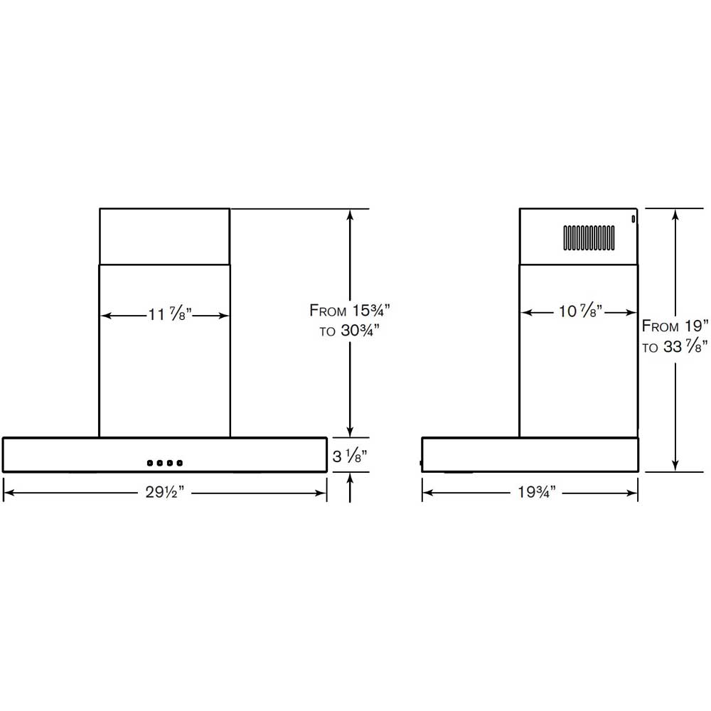 NW330SS Chimney Range Hood dimensions