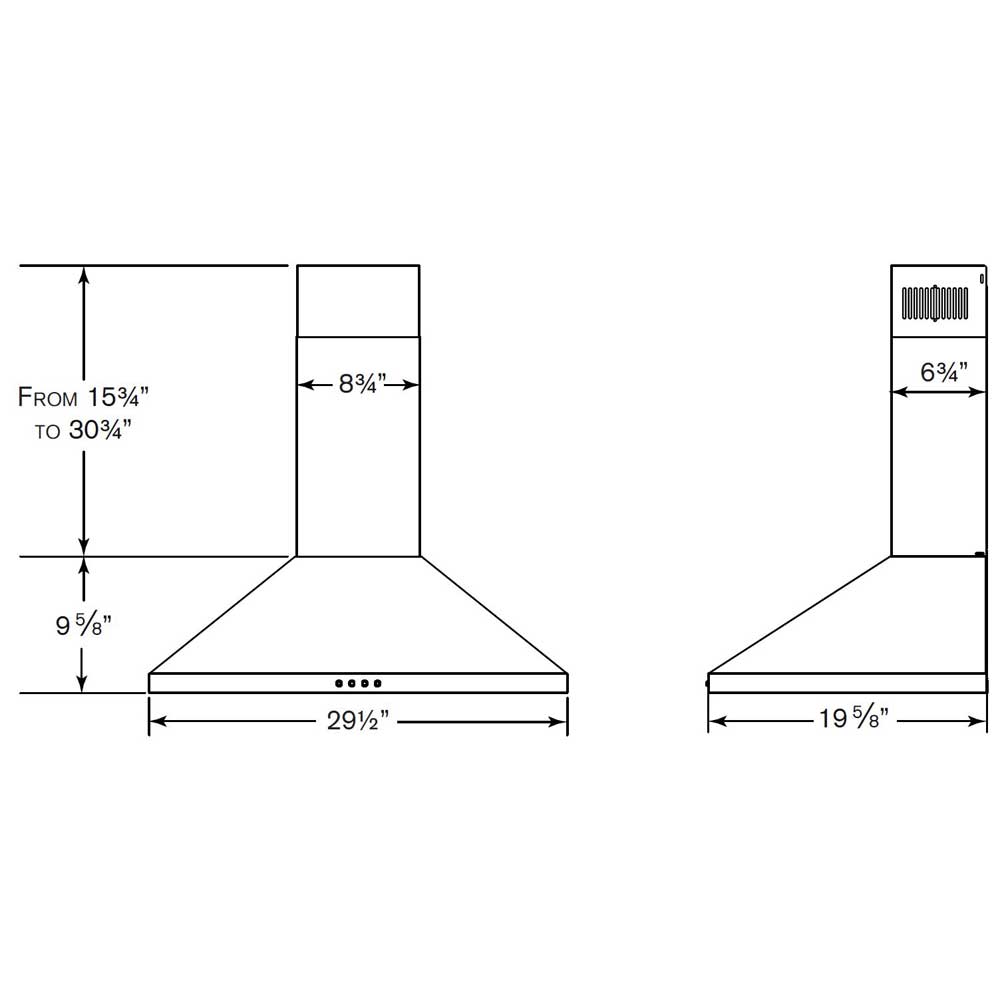 NW830SS Chimney Range Hood dimensions